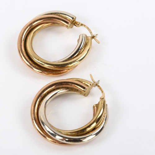 419 - 2 pairs of 9ct three-colour gold hoop earrings, and another single earring, 13.4g total