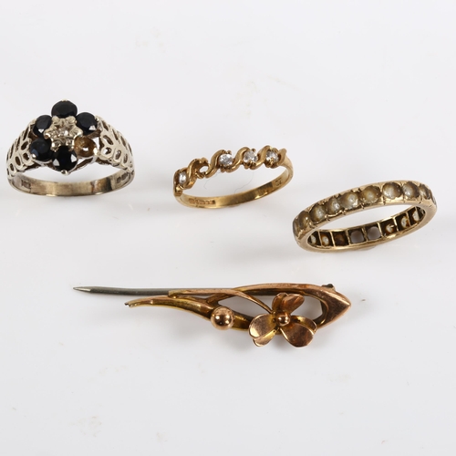 420 - Various gold jewellery, comprising 2 x 9ct rings, 4g, 9ct brooch, 1.4g, and unmarked eternity ring, ... 