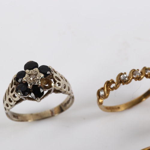 420 - Various gold jewellery, comprising 2 x 9ct rings, 4g, 9ct brooch, 1.4g, and unmarked eternity ring, ... 