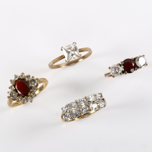 421 - 4 stone set rings, comprising 3 x 9ct, 7.9g, and 1 x unmarked yellow metal, 2.3g (4)