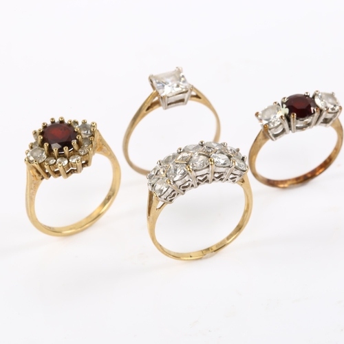 421 - 4 stone set rings, comprising 3 x 9ct, 7.9g, and 1 x unmarked yellow metal, 2.3g (4)