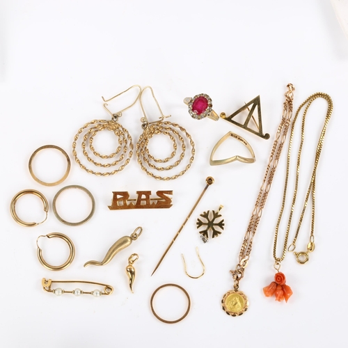 422 - Various gold jewellery, comprising 9ct, 23g gross, 18ct, 0.5g, and 6 x unmarked pieces, 8.6g gross