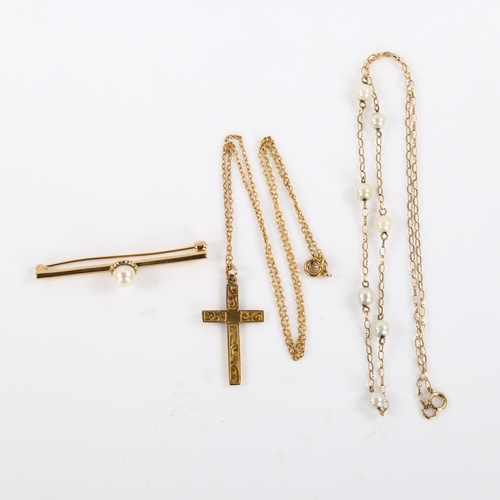 424 - Various 9ct gold jewellery, comprising cross pendant necklace, pearl bar brooch, and necklace, 5.8g ... 