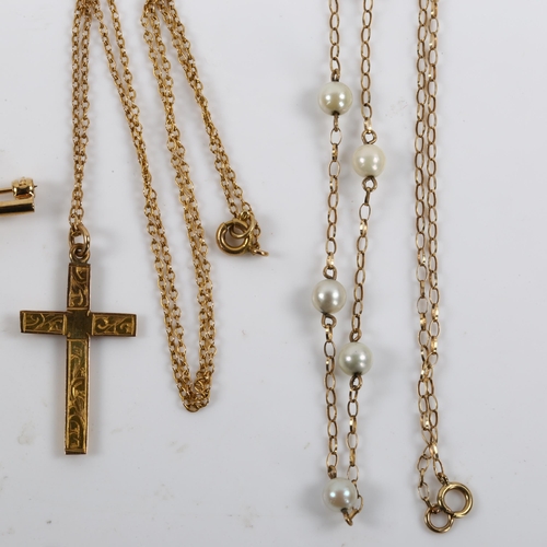 424 - Various 9ct gold jewellery, comprising cross pendant necklace, pearl bar brooch, and necklace, 5.8g ... 