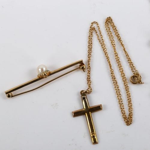 424 - Various 9ct gold jewellery, comprising cross pendant necklace, pearl bar brooch, and necklace, 5.8g ... 