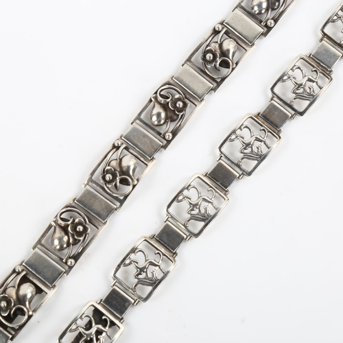 431 - 2 Danish Art Deco silver panel bracelets, makers include Fir Munksgaard, lengths 20cm and 18cm, 59.4... 