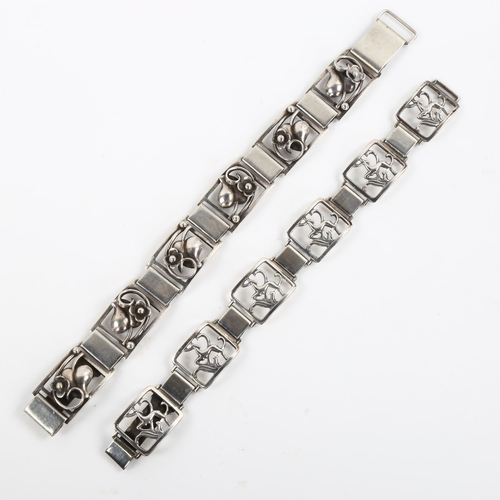 431 - 2 Danish Art Deco silver panel bracelets, makers include Fir Munksgaard, lengths 20cm and 18cm, 59.4... 