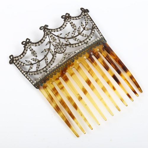 437 - A Victorian simulated tortoiseshell and paste hair comb ornament, width 9cm, 30.9g