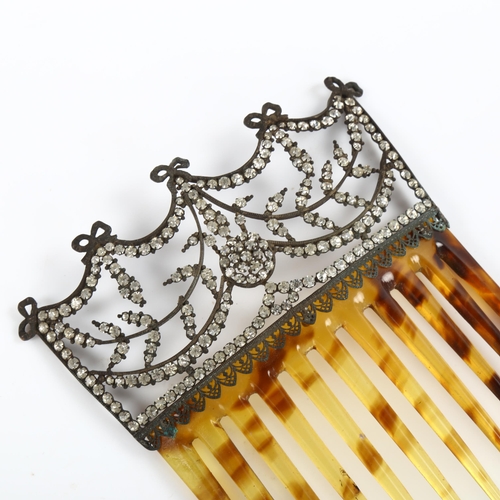 437 - A Victorian simulated tortoiseshell and paste hair comb ornament, width 9cm, 30.9g