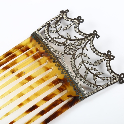 437 - A Victorian simulated tortoiseshell and paste hair comb ornament, width 9cm, 30.9g