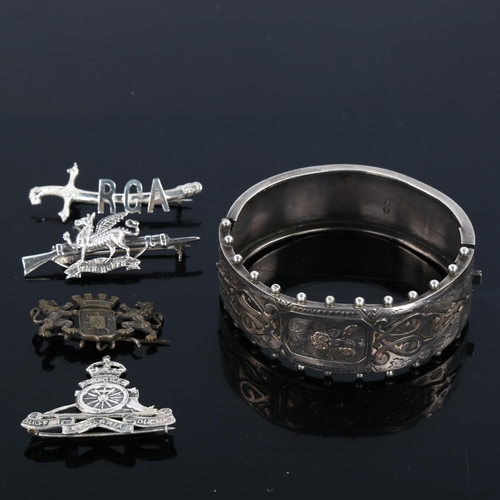 444 - Various silver jewellery, including Aesthetic hinged bangle, Military Regiment brooches etc, 39.5g t... 