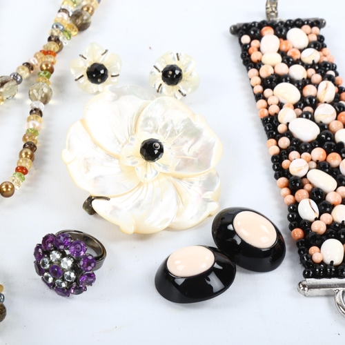 447 - ***WITHDRAWN*** Various jewellery, including coral bracelet and pair of earrings, semi-precious bead... 