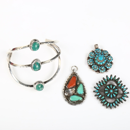 448 - Various silver turquoise and coral jewellery, including triple-strand bangle, pendants etc, bangle i... 