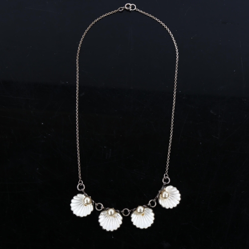 450 - A mid-20th century sterling silver cultured pearl and white enamel clam necklace, necklace length 40... 