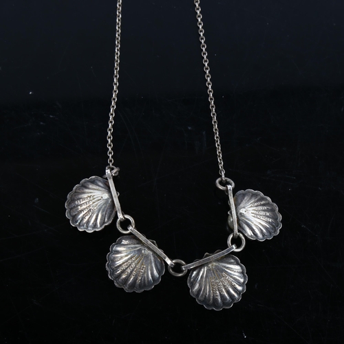 450 - A mid-20th century sterling silver cultured pearl and white enamel clam necklace, necklace length 40... 