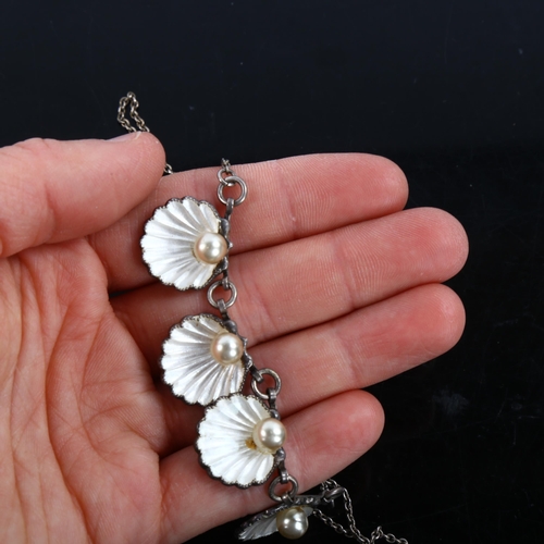 450 - A mid-20th century sterling silver cultured pearl and white enamel clam necklace, necklace length 40... 