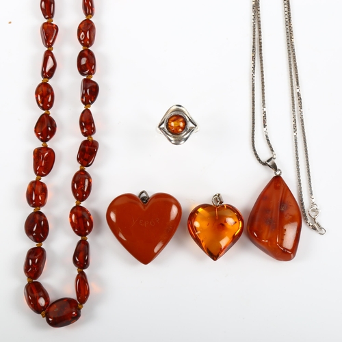 451 - Various Scandinavian silver and amber jewellery, including heart pendants, necklace, ring etc, 51.5g... 