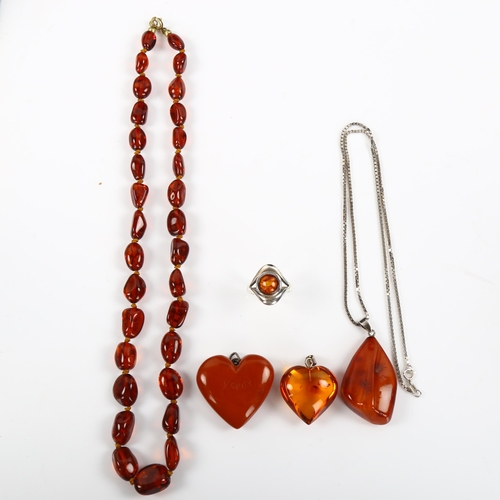 451 - Various Scandinavian silver and amber jewellery, including heart pendants, necklace, ring etc, 51.5g... 