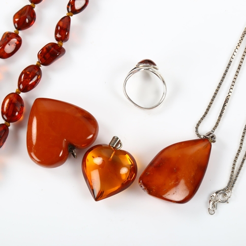 451 - Various Scandinavian silver and amber jewellery, including heart pendants, necklace, ring etc, 51.5g... 