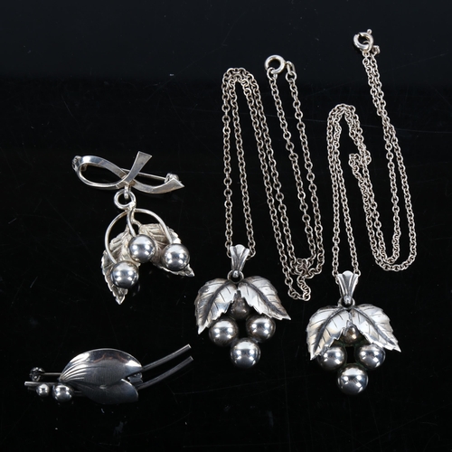 455 - 4 Danish silver floral brooches and pendants, makers include Niels Erik From pendant height 34.5mm, ... 