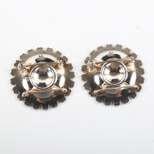 456 - BERNHARD HERTZ - 2 Danish sterling silver and black enamel daisy pattern brooches/shoe slides, diame... 