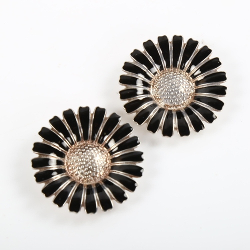 456 - BERNHARD HERTZ - 2 Danish sterling silver and black enamel daisy pattern brooches/shoe slides, diame... 