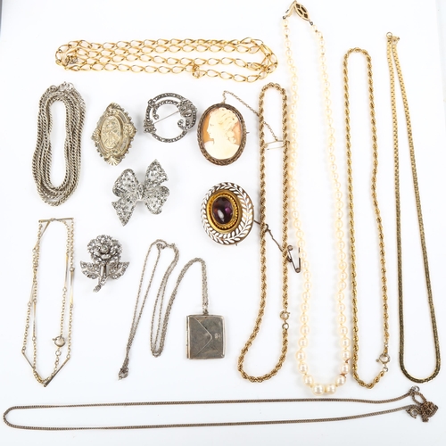 458 - Various jewellery, including Victorian amethyst and white enamel brooch, silver envelope postage sta... 