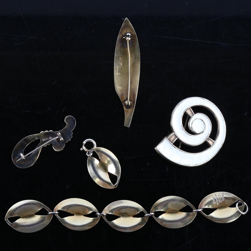 459 - Various Danish Art Nouveau vermeil sterling silver and white enamel jewellery, including leaf bracel... 