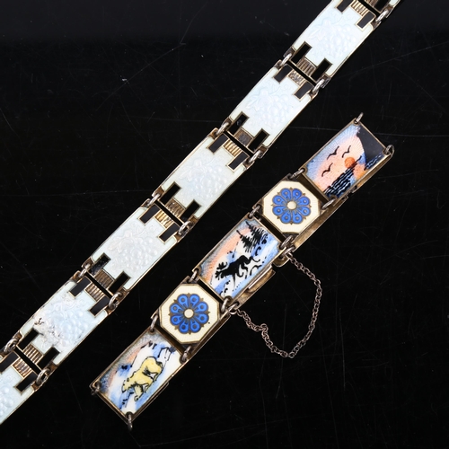 460 - 2 Scandinavian vermeil sterling silver and polychrome enamel panel bracelets, including example by A... 