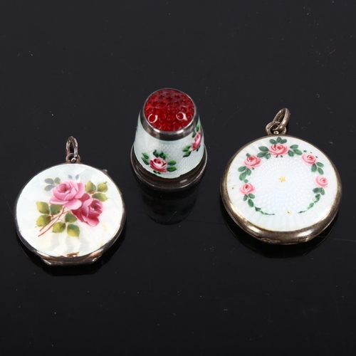 461 - 3 pieces of Danish silver and enamel jewellery, including photo locket pendants and thimble, largest... 