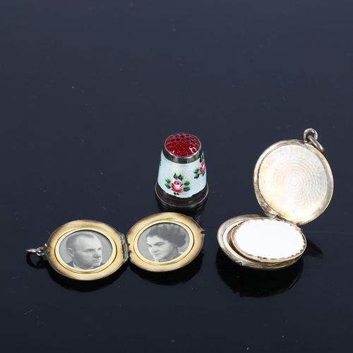 461 - 3 pieces of Danish silver and enamel jewellery, including photo locket pendants and thimble, largest... 