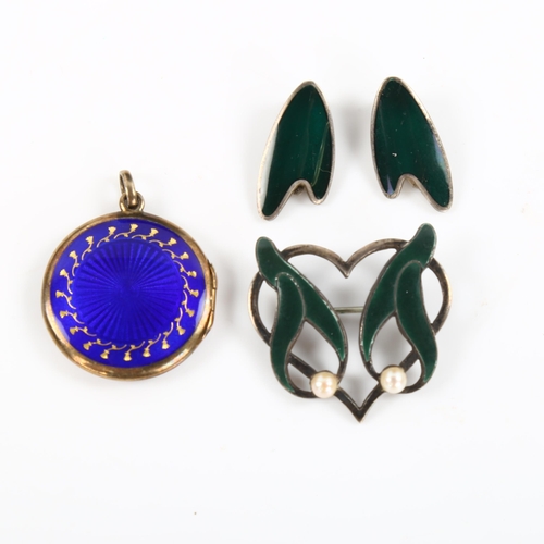 462 - Various Danish silver and enamel jewellery, including Anton Michelsen heart brooch, photo locket etc... 