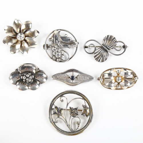 467 - 7 Danish silver floral brooches, makers include Hermann Siersbol and John Lauritzen, largest diamete... 