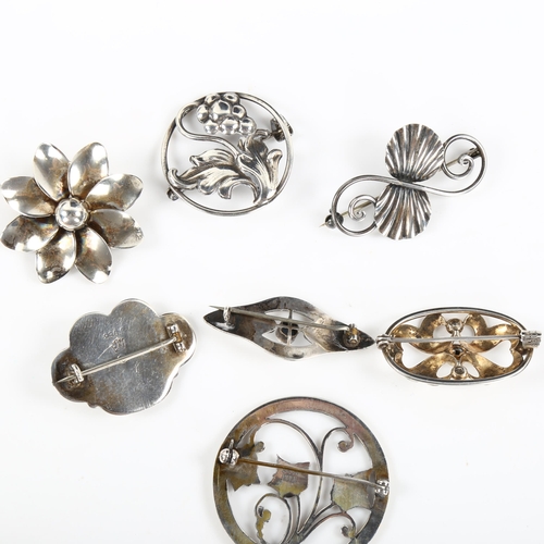 467 - 7 Danish silver floral brooches, makers include Hermann Siersbol and John Lauritzen, largest diamete... 