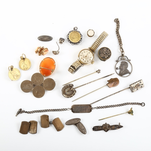 469 - Various jewellery, including cameo brooch and earrings set, Victorian Aesthetic stickpin, coin brooc... 