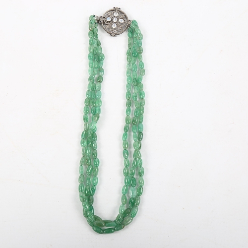 474 - A triple-strand emerald bead necklace, with moonstone sapphire and diamond set clasp, necklace lengt... 