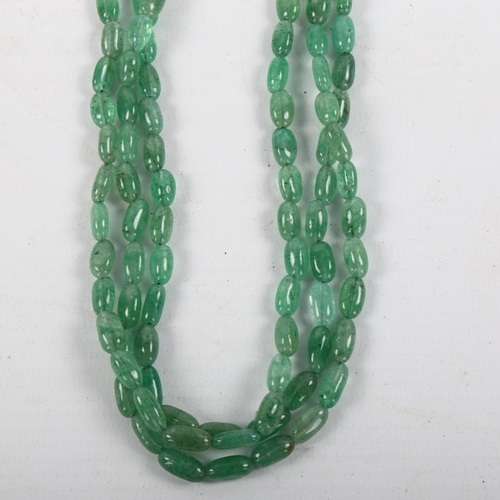 474 - A triple-strand emerald bead necklace, with moonstone sapphire and diamond set clasp, necklace lengt... 