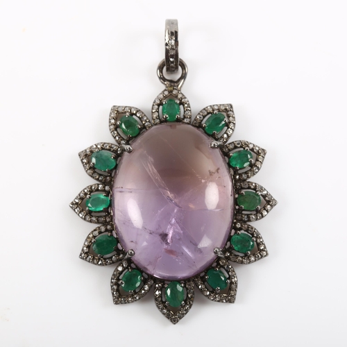 475 - A modern amethyst emerald and diamond cluster flowerhead pendant, set with 38.4ct oval cabochon amet... 