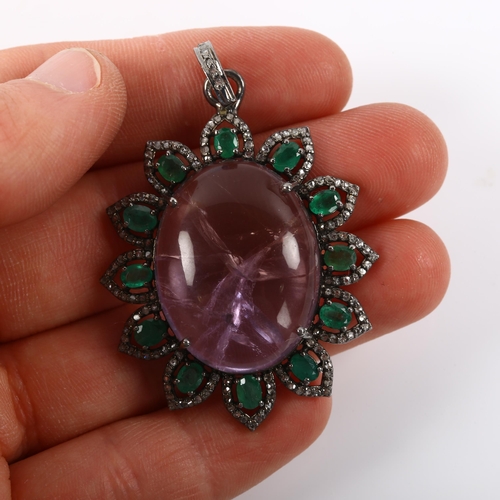 475 - A modern amethyst emerald and diamond cluster flowerhead pendant, set with 38.4ct oval cabochon amet... 