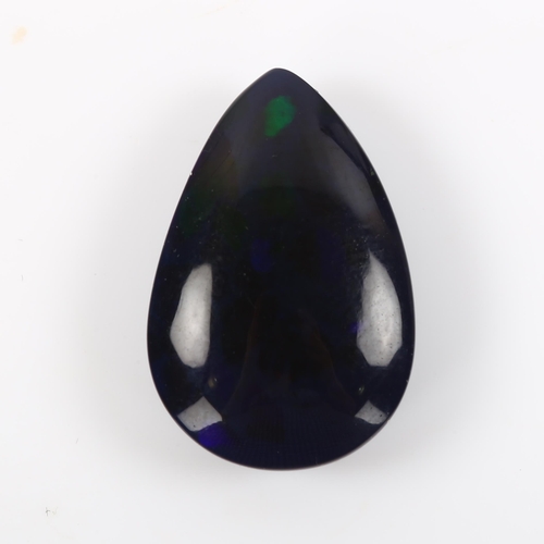 476 - 4.89ct unmounted pear cabochon black opal, 17.22mm x 11.44mm x 5.20mm, with ITLGR report card