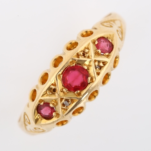 491 - An early 20th century 18ct gold ruby and diamond half hoop ring, maker's marks W and FR, hallmarks B... 