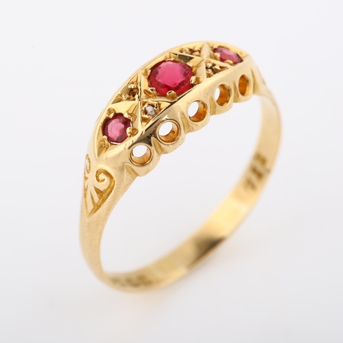 491 - An early 20th century 18ct gold ruby and diamond half hoop ring, maker's marks W and FR, hallmarks B... 