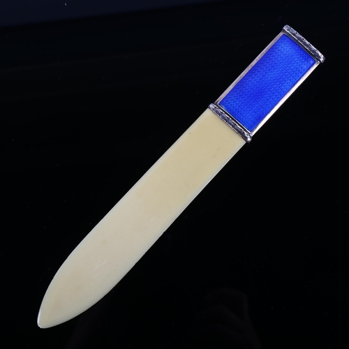 501 - A Scandinavian silver and blue enamel paper knife, with ivorine blade, overall length 19.5cm