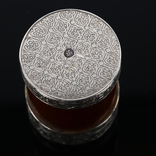 504 - A good quality Japanese? silver-mounted fruitwood cylinder box, allover engraved decoration with cha... 