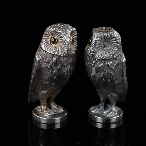 508 - A pair of Victorian novelty silver plated owl pepperettes, height 7cm