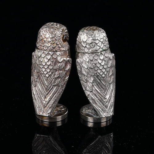 508 - A pair of Victorian novelty silver plated owl pepperettes, height 7cm