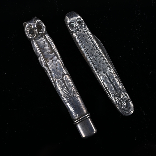 509 - A Scandinavian silver figural owl penknife and pencil set, knife case length 6.5cm