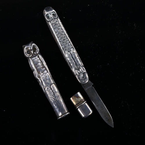 509 - A Scandinavian silver figural owl penknife and pencil set, knife case length 6.5cm