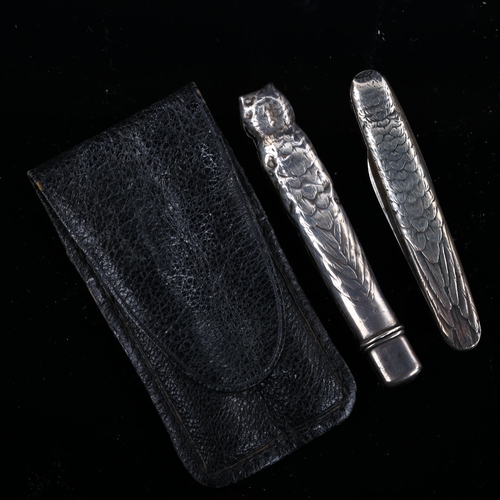 509 - A Scandinavian silver figural owl penknife and pencil set, knife case length 6.5cm