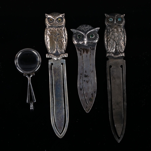 510 - 3 Danish novelty silver owl bookmarks, and a miniature silver magnifying glass pendant, largest over... 